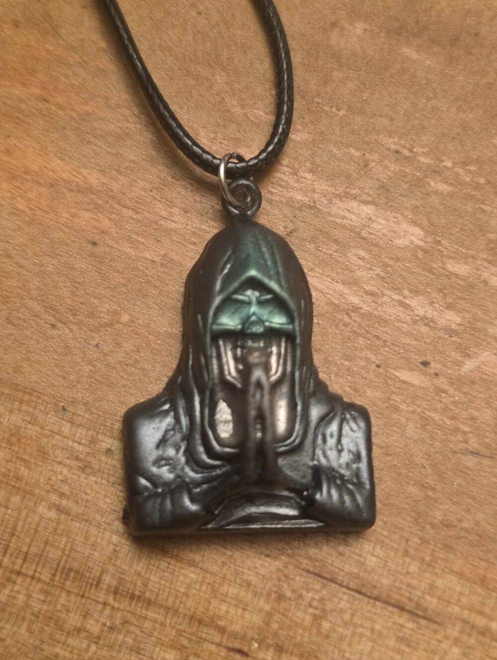 Gothic Praying Hooded Figure Pendant On A Black Cord Necklace
